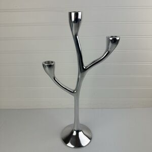 Modernist Metal Three Branch Taper Candelabra Shiny Silver Aluminum 16" Tall